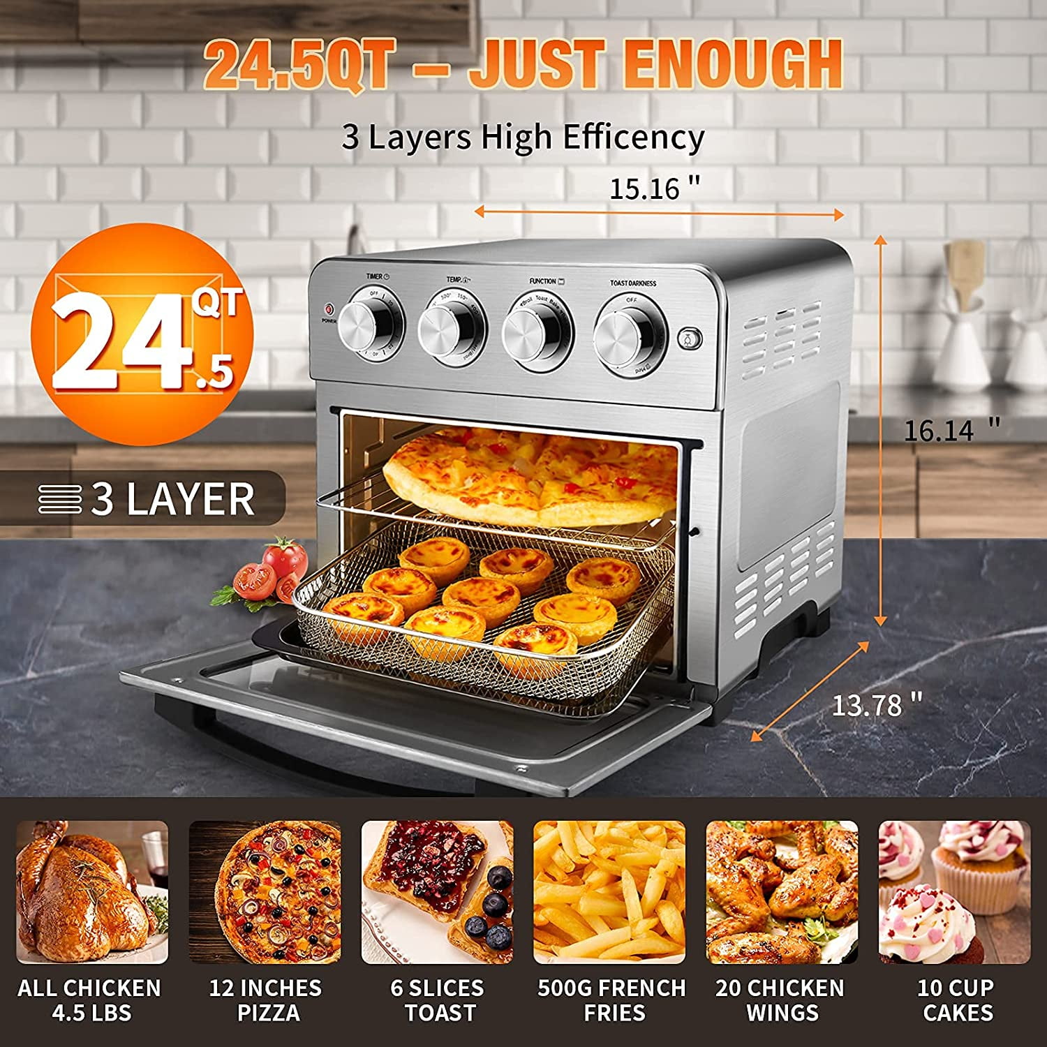 Dehydrate 7 in 1 Convection Airfryer Toaster Oven Fry Oil-Free Bake Accessories & Cookbook Broil Reheat 23L Stainless steel 1700W Geek Chef Air Fryer Roast 