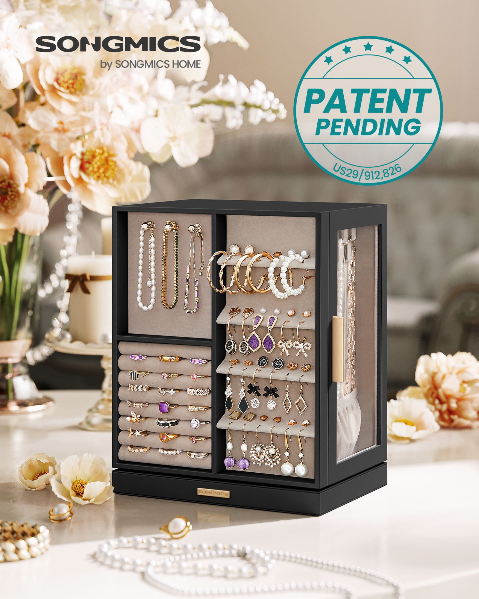 360° Rotating Jewelry Box with Glass Window and 5 Drawers Jewelry Storage Case Organizer , Graphite Black