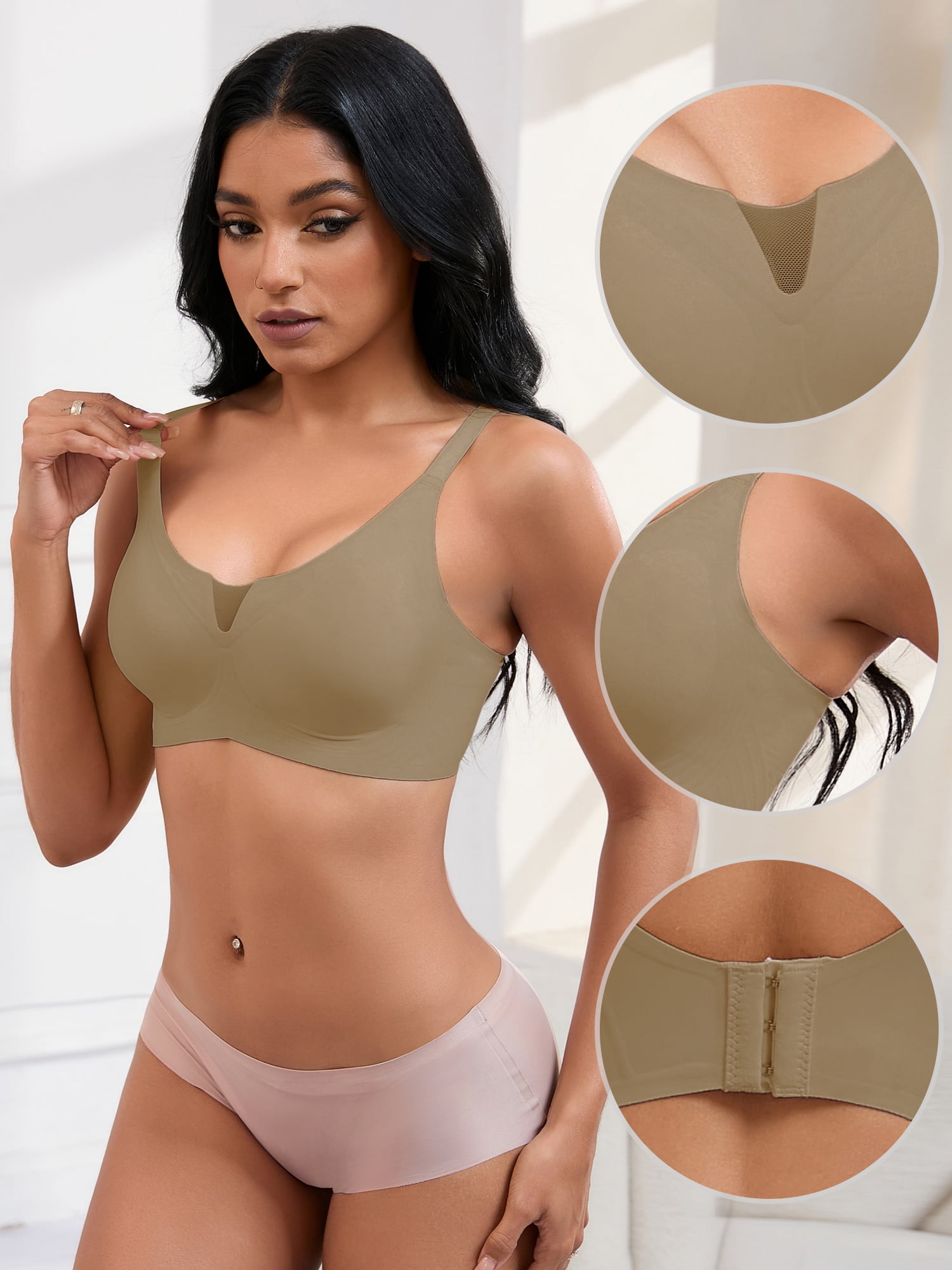 Unique Bargains Women's Padded Breathable Bras Push Up Mesh Wirefree Bras S Brown