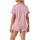 thumbnail image 3 of Conjuntos de pijama de satén para mujer INSPIRE CHIC, conjuntos de lounge de seda, camisa de botón de manga corta, pantalones cortos con volantes, ropa de dormir de 2 piezas XL rosa, 3 of 6
