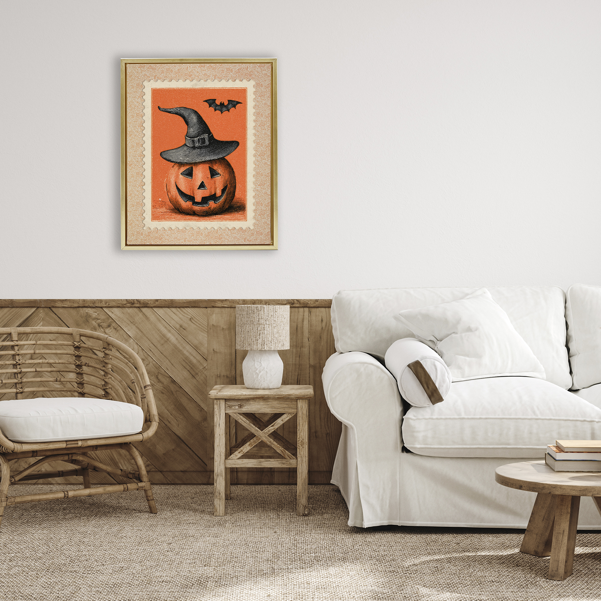 Vintage Jack-o-Lantern Stamp Gold Framed Floater Canvas Wall Art, design by Arlington Prints