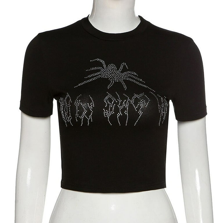 YCNYCHCHY Punk Vintage Rhinestone Spider Goth Graphic T