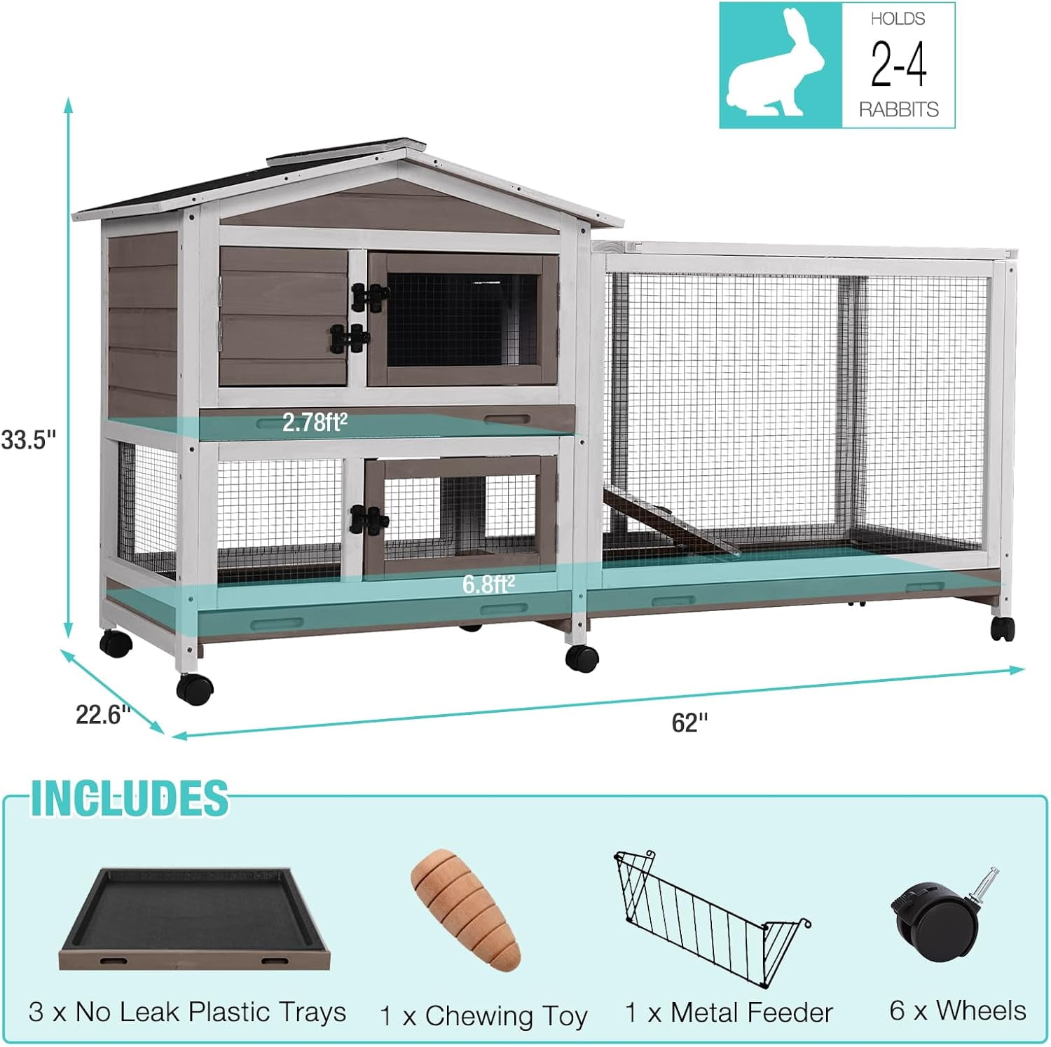 Aivituvin 62" Rabbit Hutch with Chew-Proof Ramp & Waterproof Roof - Indoor/Outdoor Bunny Cage, 2-Story Design, 6 Lockable Caster Wheels & Dual Pull-Out Trays (Brown)