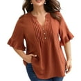 thumbnail image 2 of HongQid Womens Tops V Neck Blouses for Women Dressy Casual Flowy Ruffle Short Sleeve Linen Shirts, 2 of 6