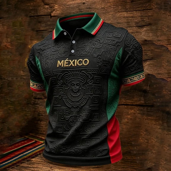 Mens Mexico Soccer Jersey Game Day 3D Print Polo Shirts Short Sleeve Button Down Football Top 2026 Summer Golf Shirt Black XXL