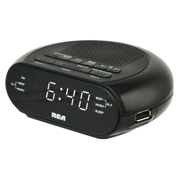 RCA Digital Radio Alarm Clock with USB Charging Cord