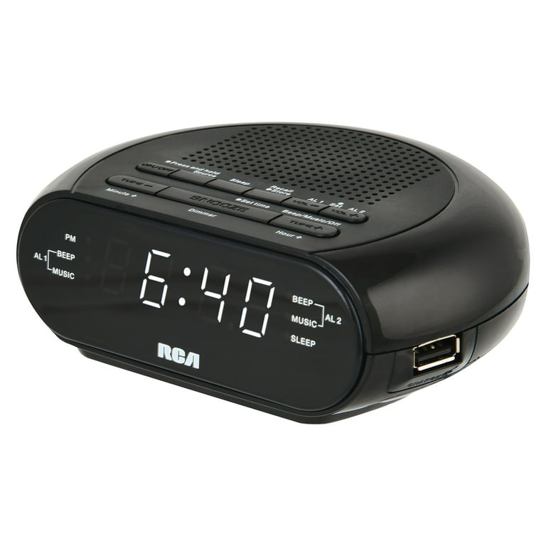 RCA Digital Radio Alarm Clock with Soothing Sounds, Brightness Control, and  USB Charging Port