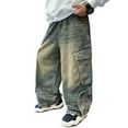 thumbnail image 2 of HUAXUN-Cargo Wide Leg Jeans Kids Loose Fit Boyfriend Denim Baggy Pants with Multi Pockets(Light Blue,11-12 Years), 2 of 7