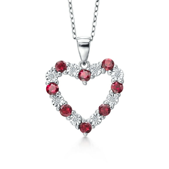 Gem Stone King 925 Sterling Silver Red Garnet and White Diamond Heart Shape Pendant Necklace For Women | 1.20 Cttw | Gemstone Birthstone | with 18 inch Silver Chain