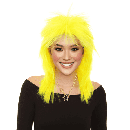 Adult Unisex 80's Punk Rocker Mullet Wig – Premium Breathable Capless Cap with Flame-Retardant Synthetic Fiber | Ideal for Cosplay, Halloween, and Anime Party - Neon Yellow