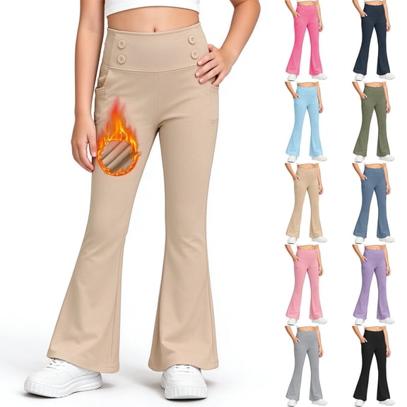 Khaki Flare Leggings For Girls 10-12, Fleece Lined Winter Warm Thermal Leggings Kids Stretch Uniform Pants