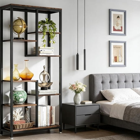 Toauuo 8-Shelf Farmhouse Bookshelf, Industrial Open Display Rack Versatile Storage Bookcase, Vintage Wood Grain E1 Particleboard & Black Metal Frame, Adjustable Non-Slip Feet, Easy Assembly