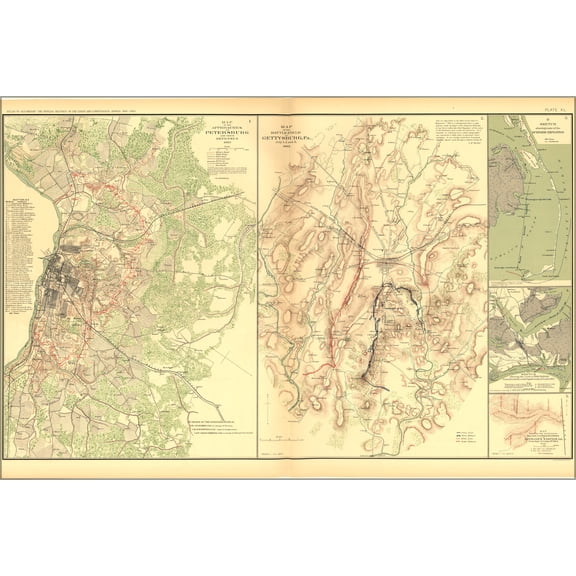 24"x36" Gallery Poster, civil war battle map Petersburg, Gettysburg (PA), Burnside Expedition, Lovejoy's Station (GA)