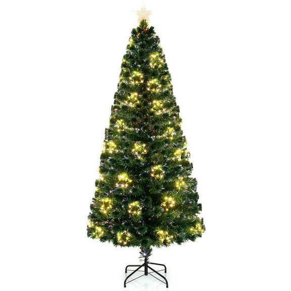 GVN 7ft Pre-Lit Artificial Christmas Trees with Top Star and Branch Tips, Xmas Decoration Tree for Indoor, Outdoor, Holiday Decor, Green