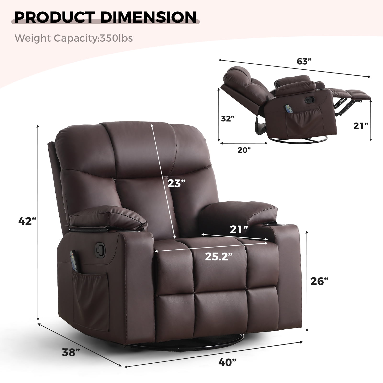 Bonzy Home Rocker Recliner Chair with Swivel Base, Massage & Heat, 2 Cup Holders – Comfortable Recliner for Living Room, Bedroom, Office