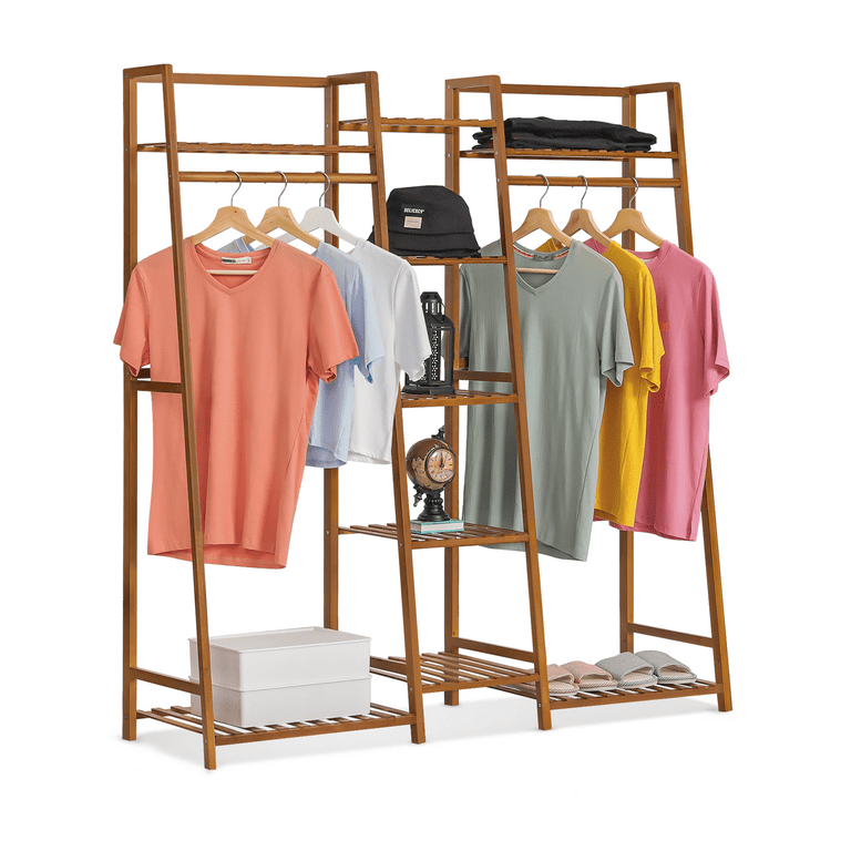 Bamboo Clothes Rack Garment Closet Storage Organizer Hanging Rail