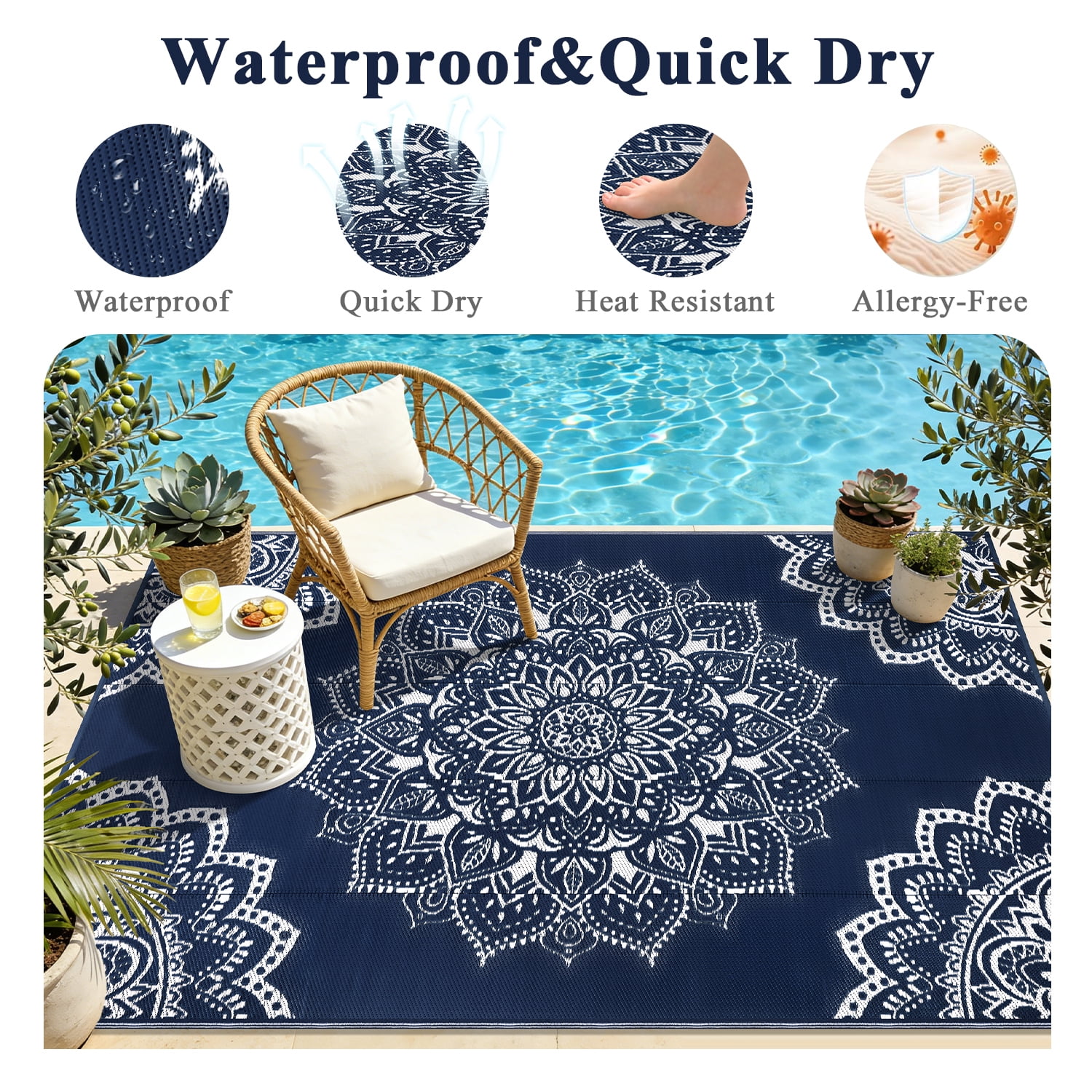 Findosom 6'x9' Outdoor Rug Large Patios Rug RV Outdoor Rug Waterproof Foldable Portable Camping Rugs Reversible Plastic Straw Rug Outdoor Area Rug for Camping, RV, Balcony, Patio, Picnic, Beach Blue