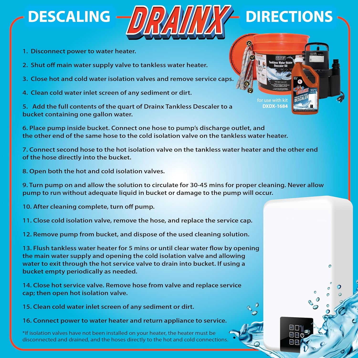DrainX Tankless Water Heater Flushing Kit with Eco-Safe Descaler Solution, 1/6 HP Pump, Steel Hoses