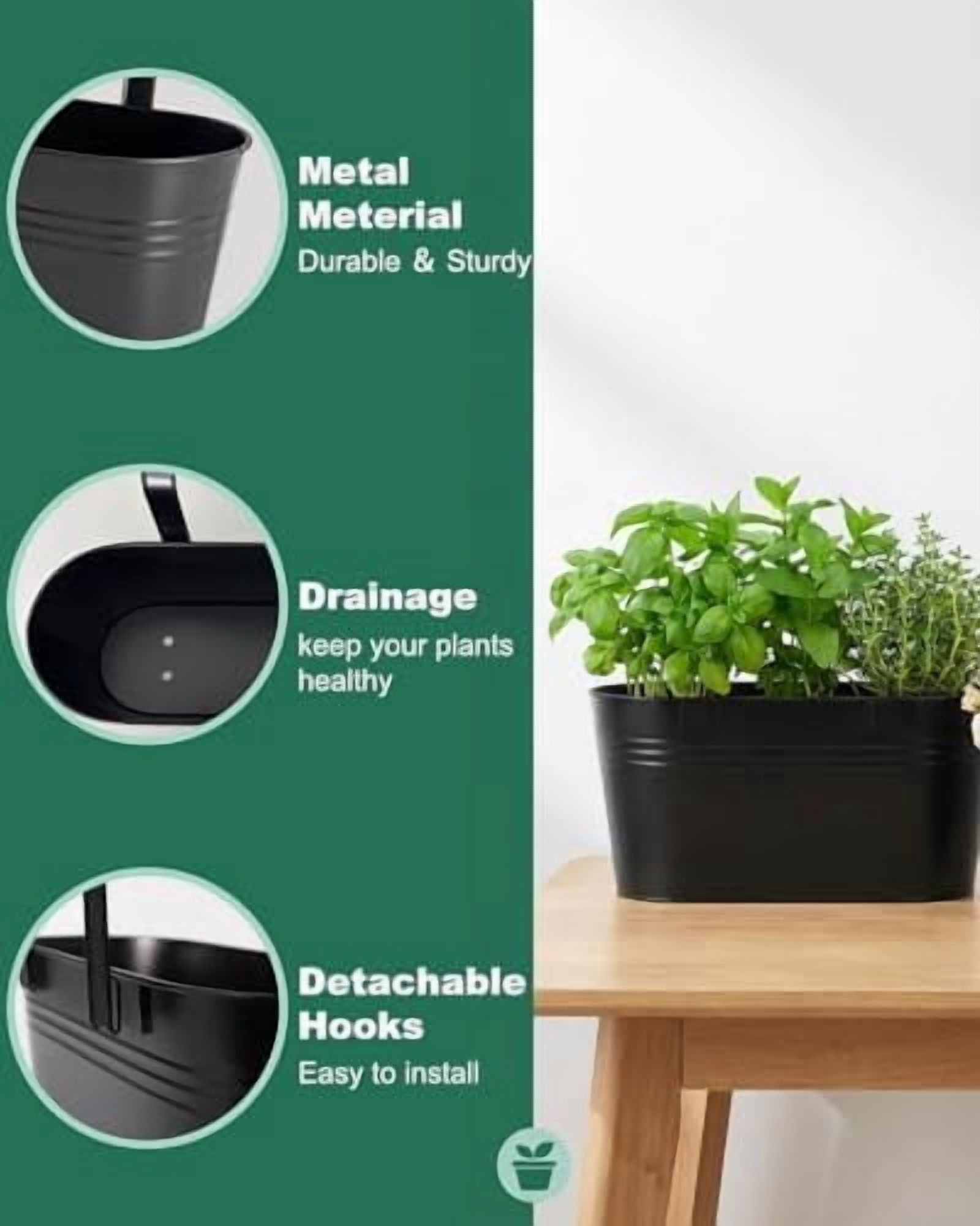 RibRave 16" Metal Railing Planters for Outdoor Plants, 5 Pcs Large Hanging Flower Pots with Detachable Hooks & Drain Holes, Oval Balcony Fence Planter Baskets for Herbs & Succulents, Black