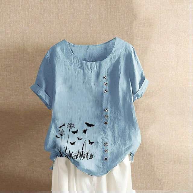 JUNWELL Hauts pour Femmes en Liquidation Mode Été Ample Imprimé Col Rond T-Shirt Manches Courtes Blouse Décontractée