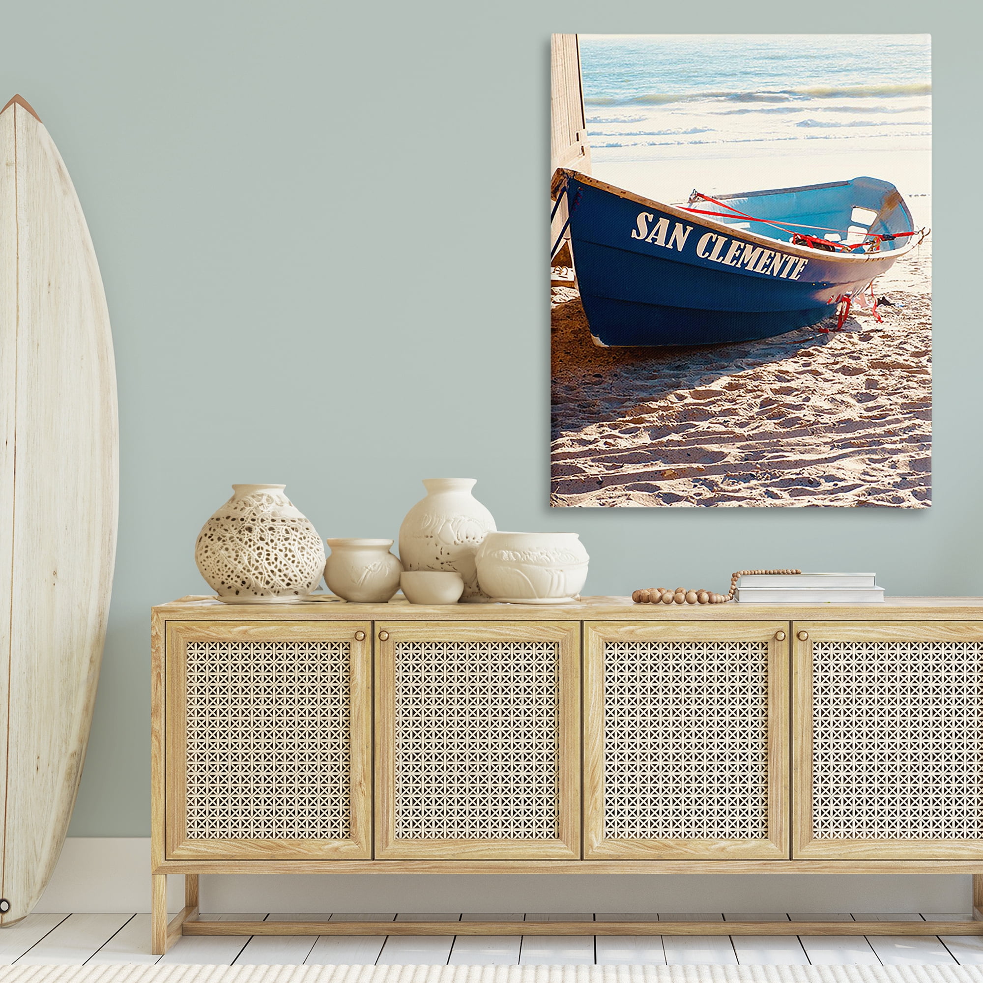 Stupell Industries Blue Boat on Sand Transportation Photography Wrapped Canvas Art Print Wall Art, 36 x 48