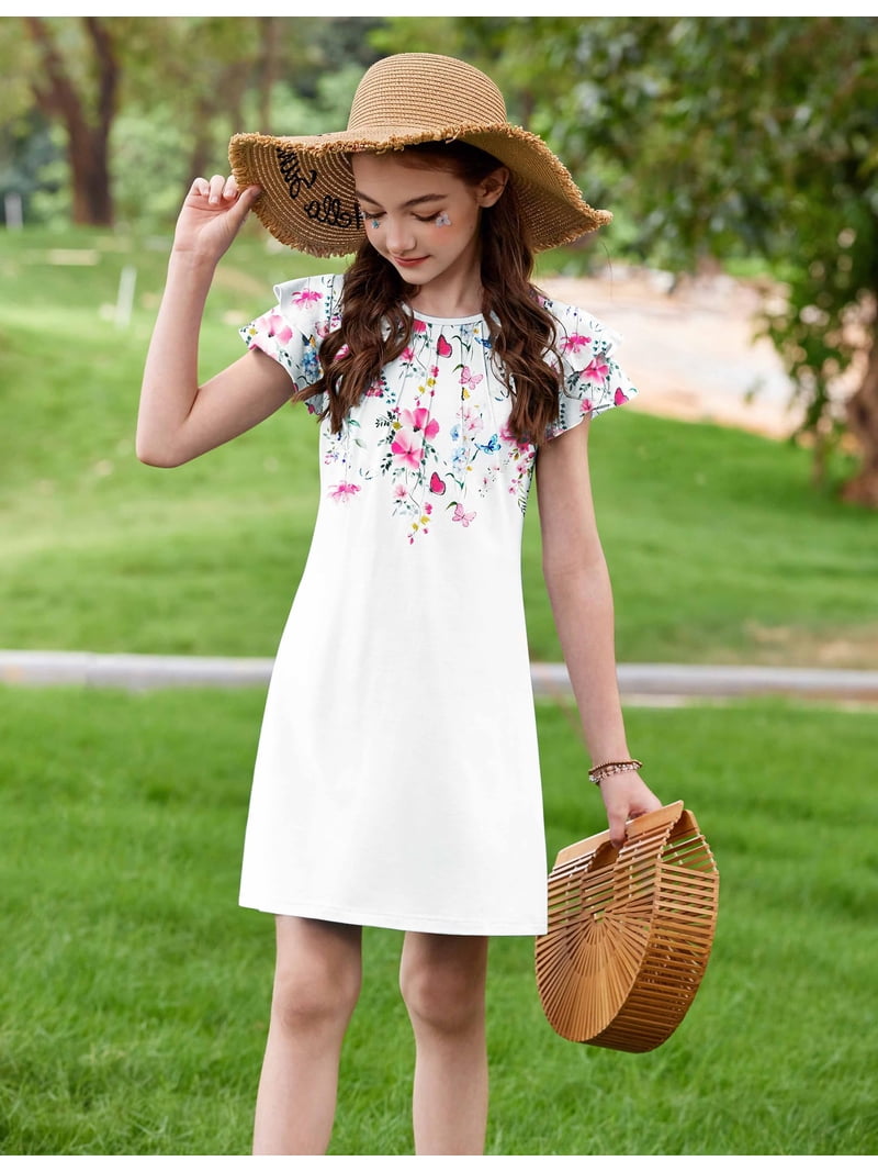 Oudiya Girls Dresses for Summer Flutter Sleeve Pleated Front A Line Boho Beach Tween Casual Party Dresses, 6-14Y