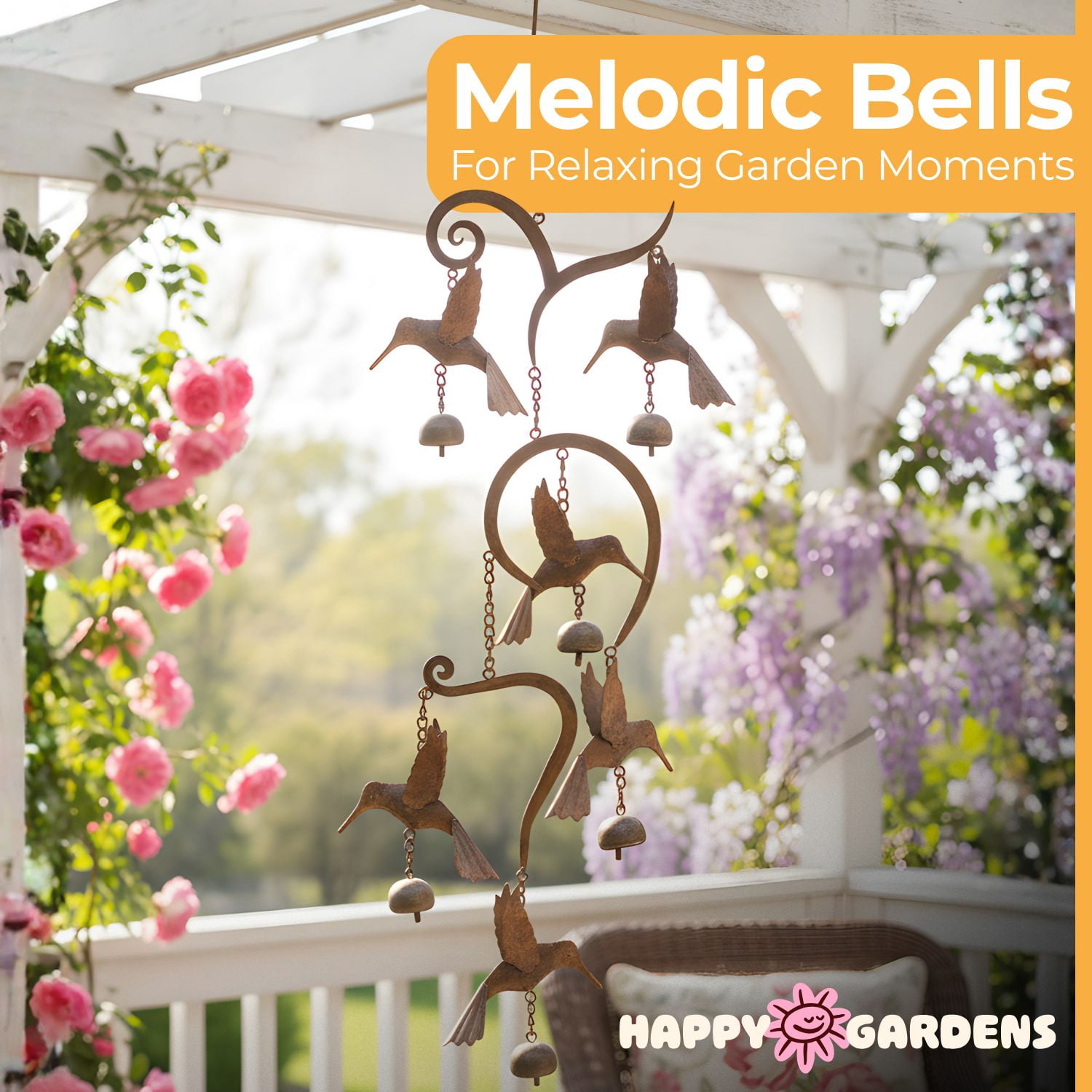 Handcrafted Scrollwork Steel Hummingbird Wind Chimes With 6 Bells (Flamed Finish) Happy Gardens Outdoor Metal Hook Hanging Decor For Outside Back Yard