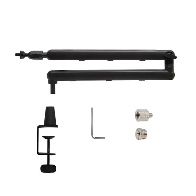 brazo de micrófono delgado, soporte de escritorio con brazo articulado para micrófono con clip para micrófono, soporte voladizo ajustable para tableta de teléfono Brazo articulado negro de perfil bajo, vista frontal plegada con dos tramos tubulares de aluminio y articulaciones giratorias; abrazadera tipo C con almohadilla de goma, llave Allen y adaptadores roscados visibles sobre fondo blanco. Adecuado para podcasting y transmisión, compatible con la mayoría de laptops y teléfonos.