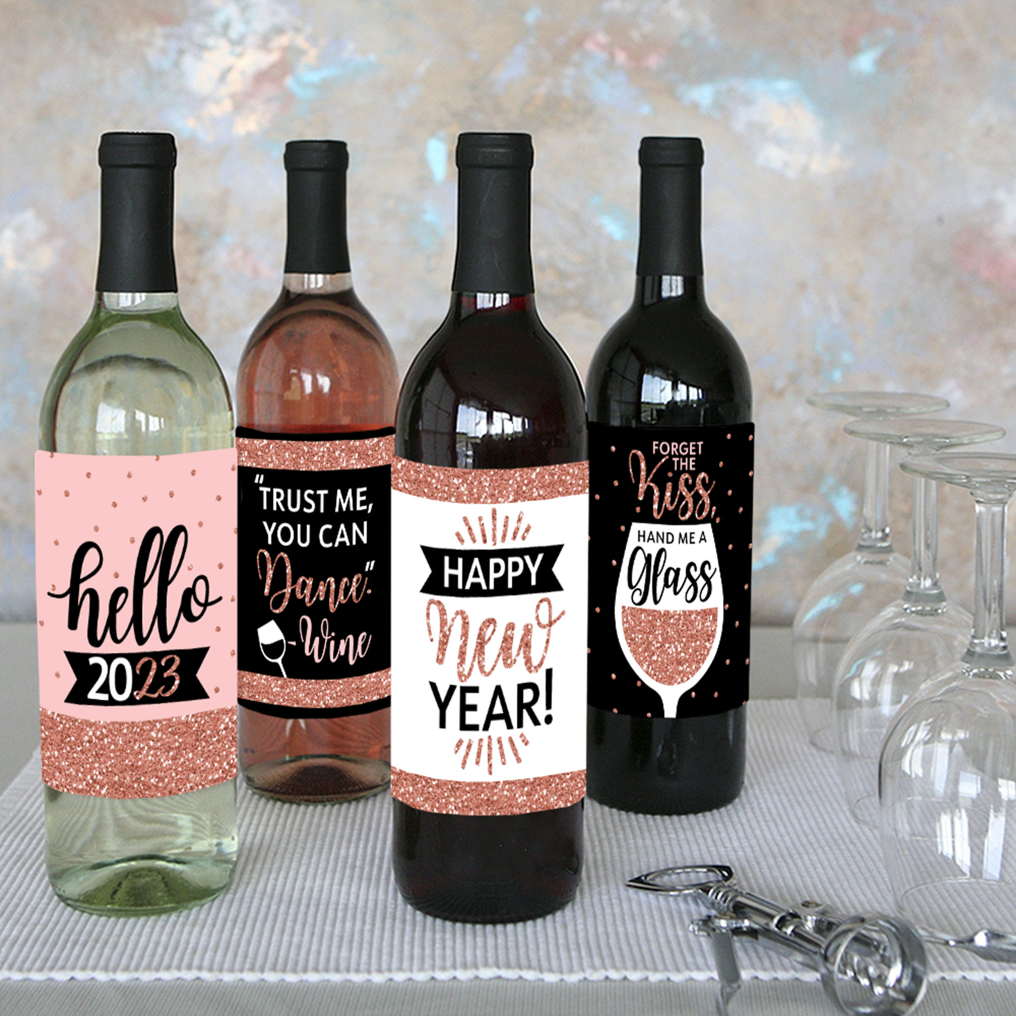 Big Dot of Happiness Rose Gold Happy New Year - 2023 New Year's Eve Party Decorations for Women and Men - Wine Bottle Label Stickers - Set of 4