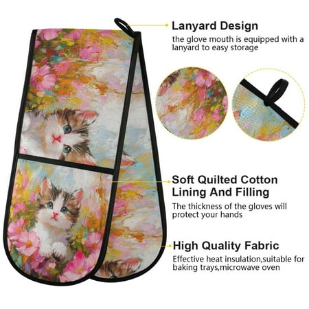 

BZSMCE Oven Mitts Floral Feline Delight Creative Pattern Resistant Kitchen Gloves