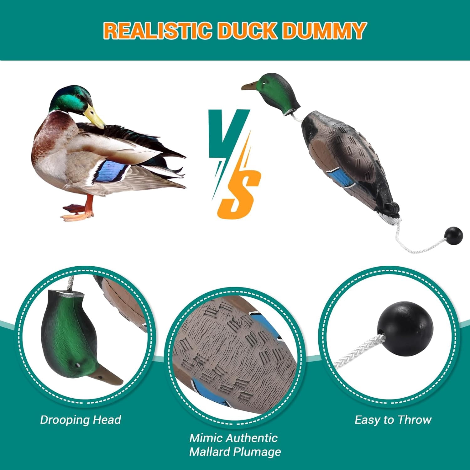 2 PCS Floatable Realistic Duck Dummy for Dog Retriever Training, Hunting Dog Recognition Trainers, Waterfowl Training Dummy, Interactive Foam Pet Toys, Duck Dog Toys