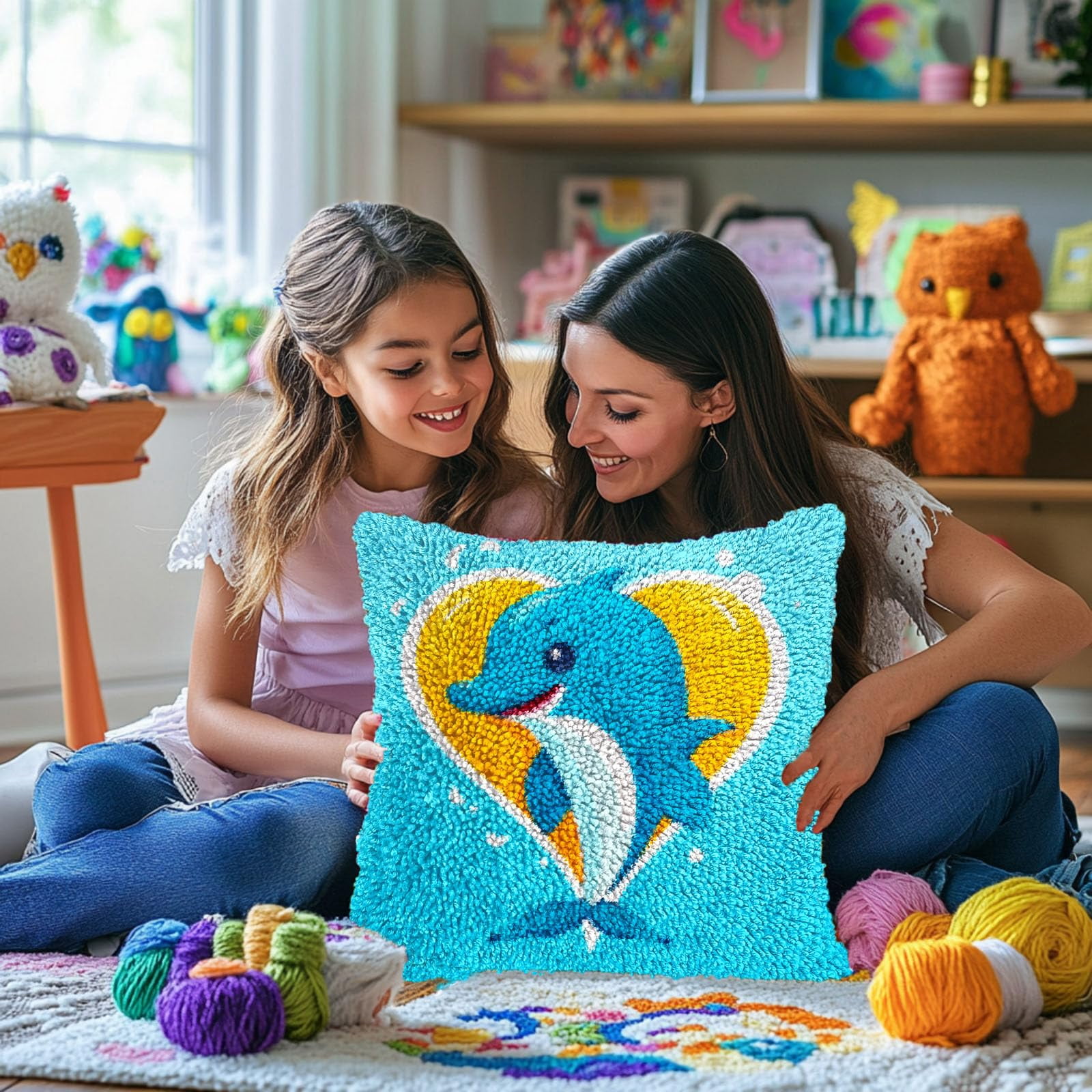 Cartoon Cute Dolphin DIY Latch Hook Pillow Kits for Adults Printed Pillowcase Crochet Yarns Hooking Handmade Pillow Cover Cushion for Home Sofa Decoration 17x17inch(1)