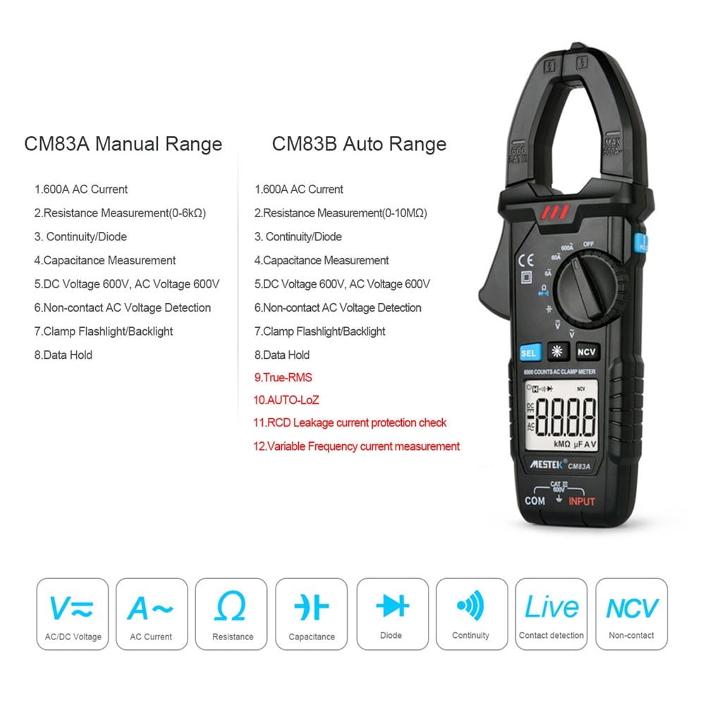 MESTEK Digital Clamp Meter 600A AC Current 600V ACDC Voltage Capacitance Measurement Data Hold Backlight NCV Tester Multimeter