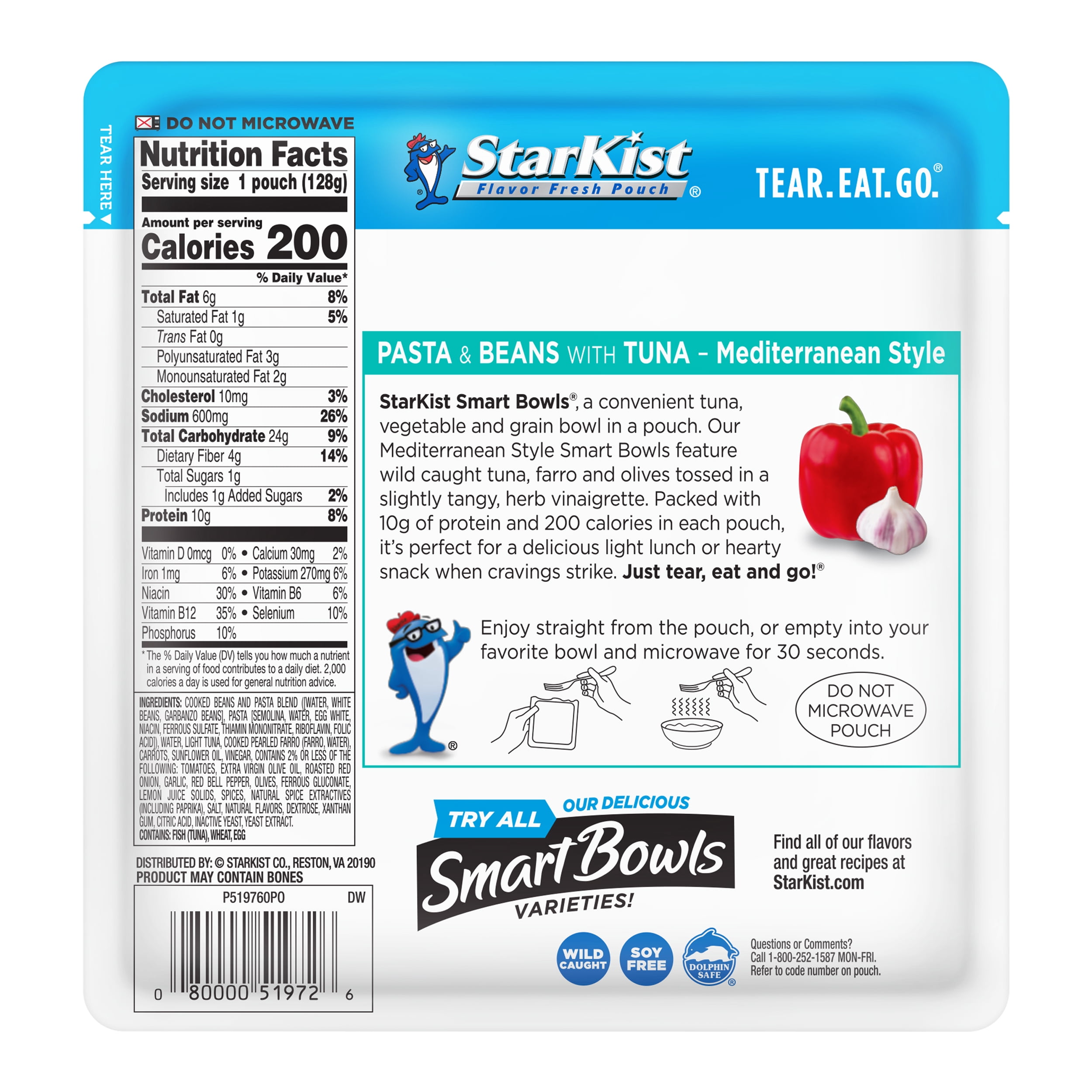 (4 pack) StarKist Smart Bowls with Tuna, Pasta and Beans, Mediterranean, 10g Protein, 4.5 oz Pouch