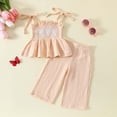 thumbnail image 2 of kpoplk Toddler Baby Girl Clothes Sleeveless Summer Outfit Smocked Strap Camisole Linen Pants Prety Spring Clothing Set Size 4-5 Years,Beige, 2 of 9