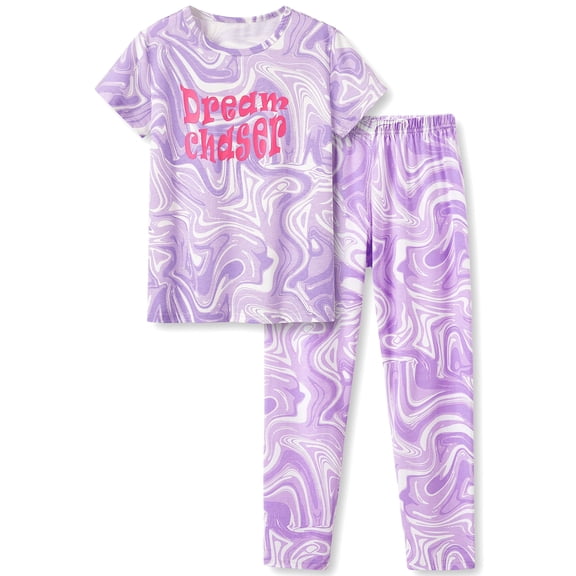 Beezizac Pajamas for Tween/Teen Girls 2-Piece Purple Marble Print Short Sleeves Shirt & Pants PJ Set Jammies Size 8