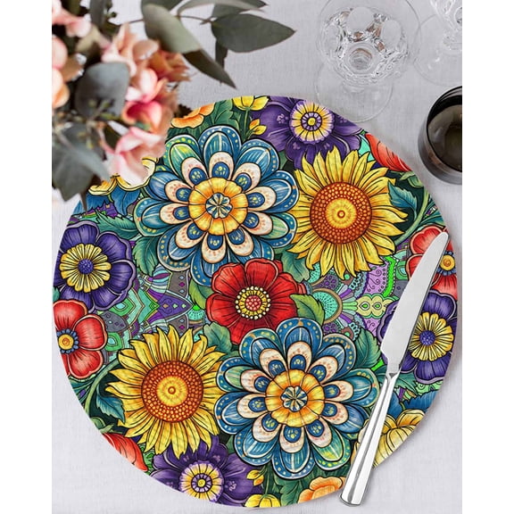 15 Inch Round Placemats Set of 6, Boho Colorful Floral Non Slip Heat Insulation PP Table Mats, Spring Flower Botanical Sunflowers Plant Washable Place Mats for Kitchen Dining Party Table Decor