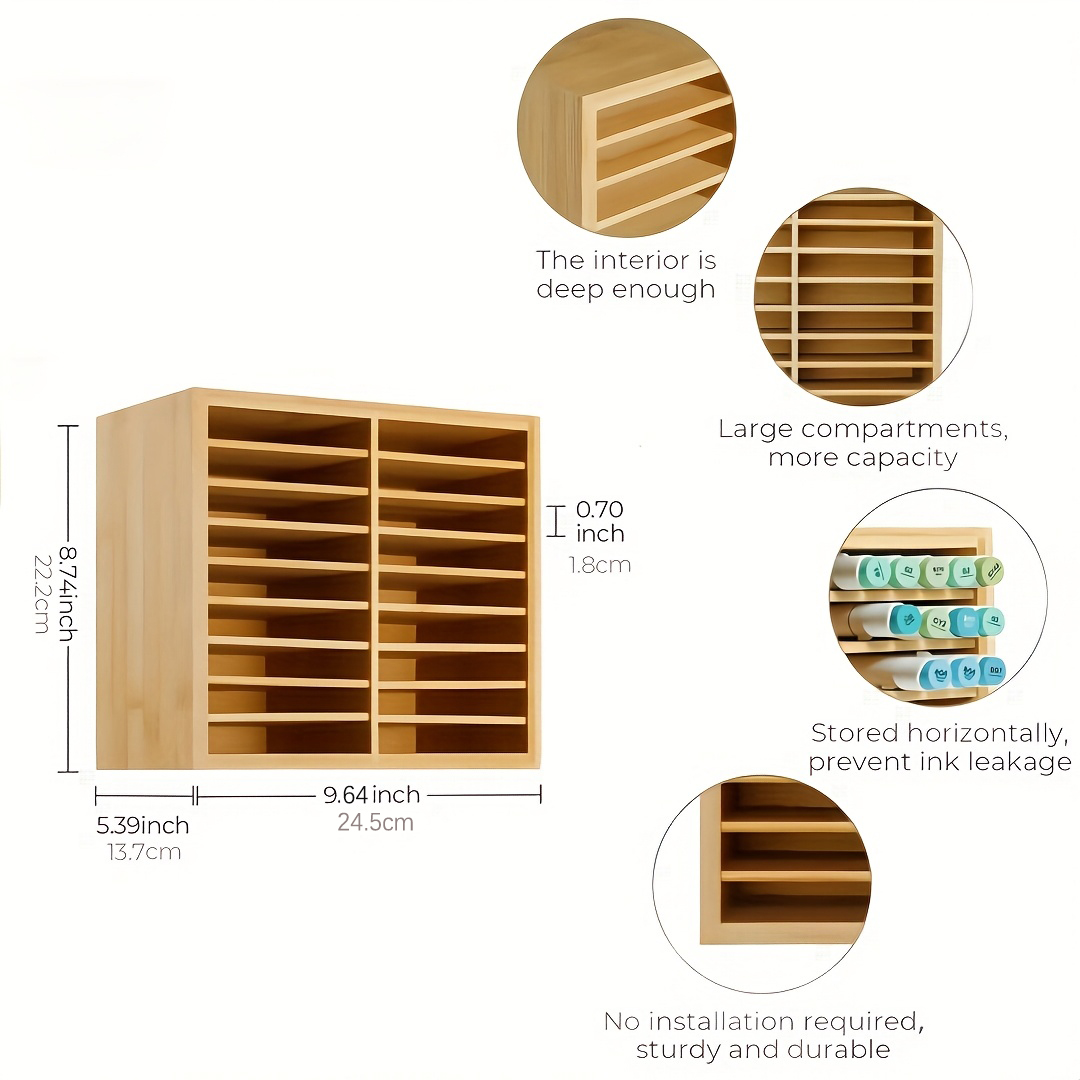 Hangfan Bamboo Marker Pen Storage Rack With 18 Compartments For 126 Marker Pens And Fountain Pens, Wooden Desktop Organizer For Artists
