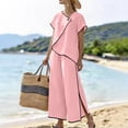 thumbnail image 4 of Pounoo Cotton Sets for Women 2 Piece Asymmetric Wrap Neck Single Button Short Sleeve Tops Contrast Edge Wide Leg Pants Casual Daily Outfits Gift, 4 of 6