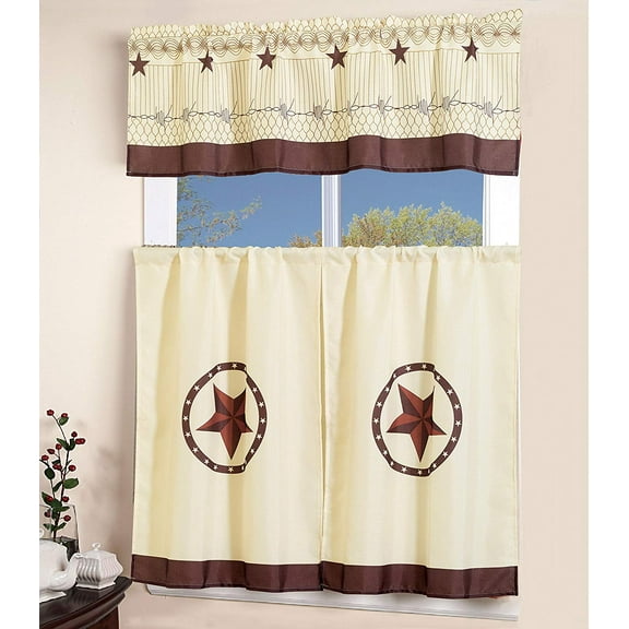 MarCielo 3 Piece Printed Western Texas Star Kitchen/Cafe Curtain With Swag and Tier Window Curtain Set , Beige