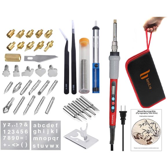 BESTZO Wood Burning Kit -LCD Wood Burning Tool Kit With Soldering Iron, Pyrography Tool Kit Wood Burning Pen With Embossing,Carving,Soldering Tip, Upgraded Model ,Manual & Carrying Case (Red)