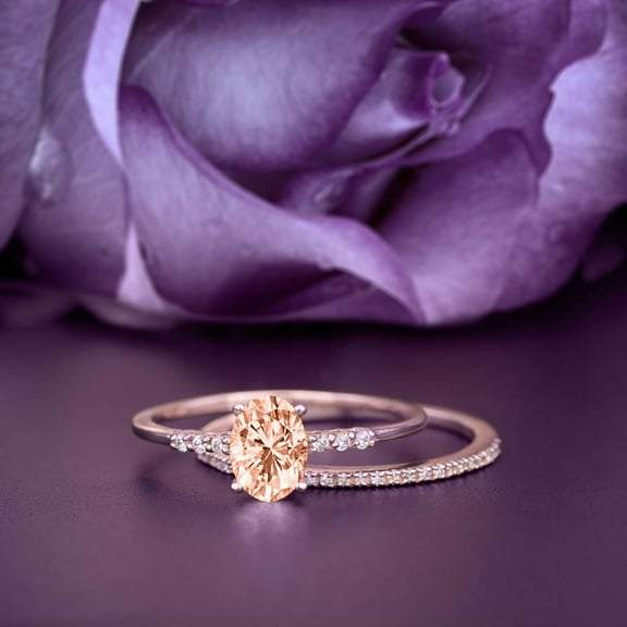 Fairy Art deco 2.00 Carat Oval Cut Morganite And Diamond Moissanite Engagement Ring Set, Classic Wedding Ring in 10k Solid Rose Gold, Gift For Her, Promise Ring, Bridal Ring Set, Anniversary Gift