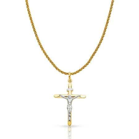 Crucifix Solid Cross - 14K Two Tone Solid Gold Crucifix Cross Charm Pendant with 1.4mm Round Wheat Chain Necklace - 18