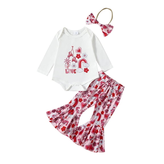 JAJAHO Newborn Infant Romper Baby Girl Clothes Long Sleeve Bodysuit Love Letter Print Flare Pants With Headband 3PCS Set Toddler Stylish Outfit