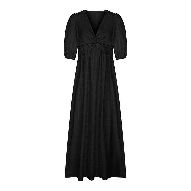 Mrat Women Puff Sleeve Maxi Dress Cotton Linen Dress V Neck Long