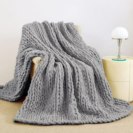Chunky Knit Blanket Throw, 100% Hand Knit Chenille Throw Blanket for Sofa & Home Decor, Soft and Cozy Knitted Throw Blankets (Sage Green,51"x63")