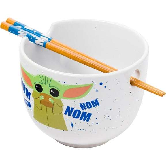 Star Wars Mandalorian Baby Yoda Grogu Nom Nom Ceramic Ramen Noodle Rice Bowl with Chopsticks, 20 Ounces