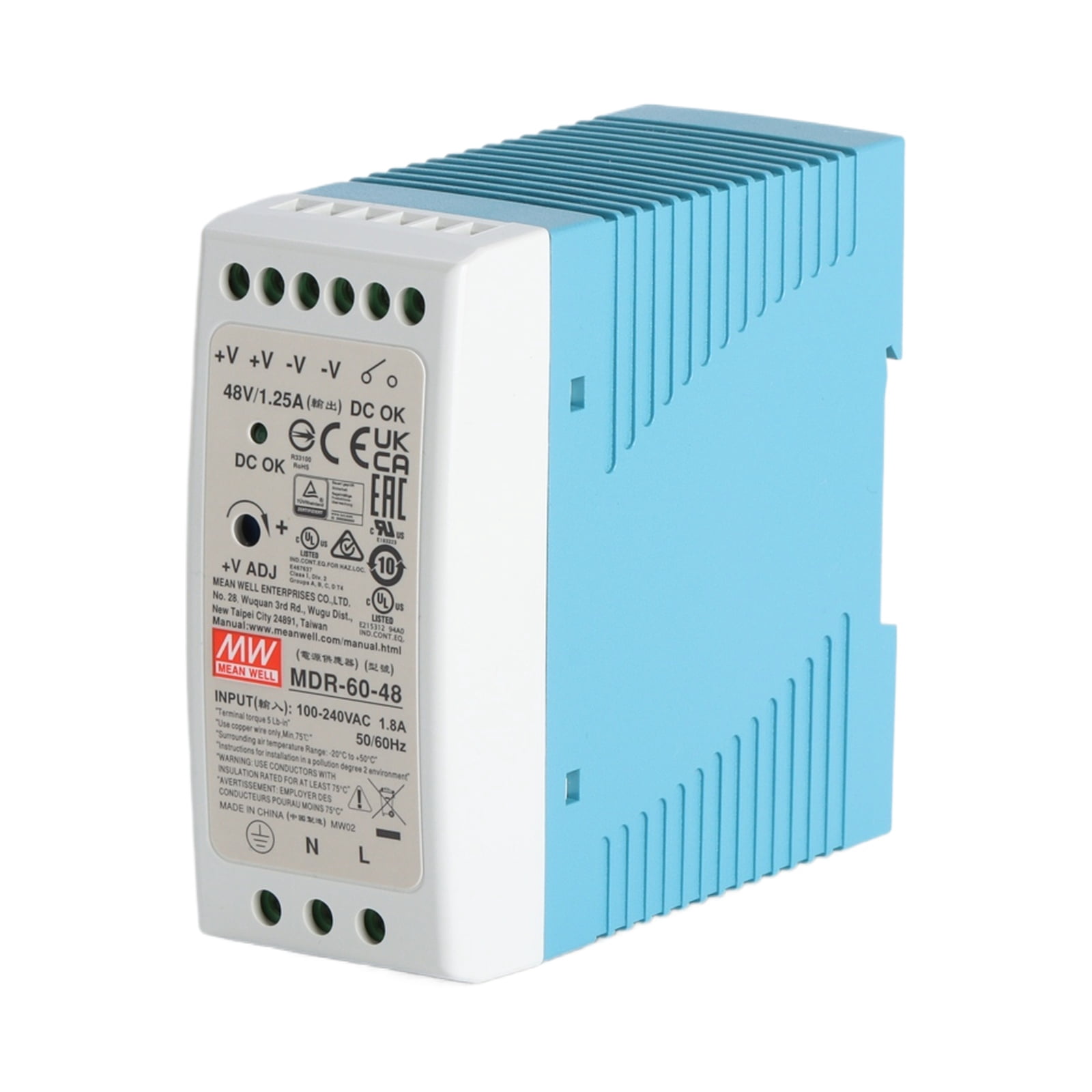Feedannce 48V 1.25A 60W Industrial DIN Rail Power Supply, Automation, Control, MEAN WELL MDR-60-48