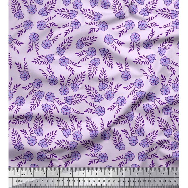 Soimoi Polyester Crepe Fabric Leaves & Floral Block Printed Fabric 1 Yard 42 Inch Wide