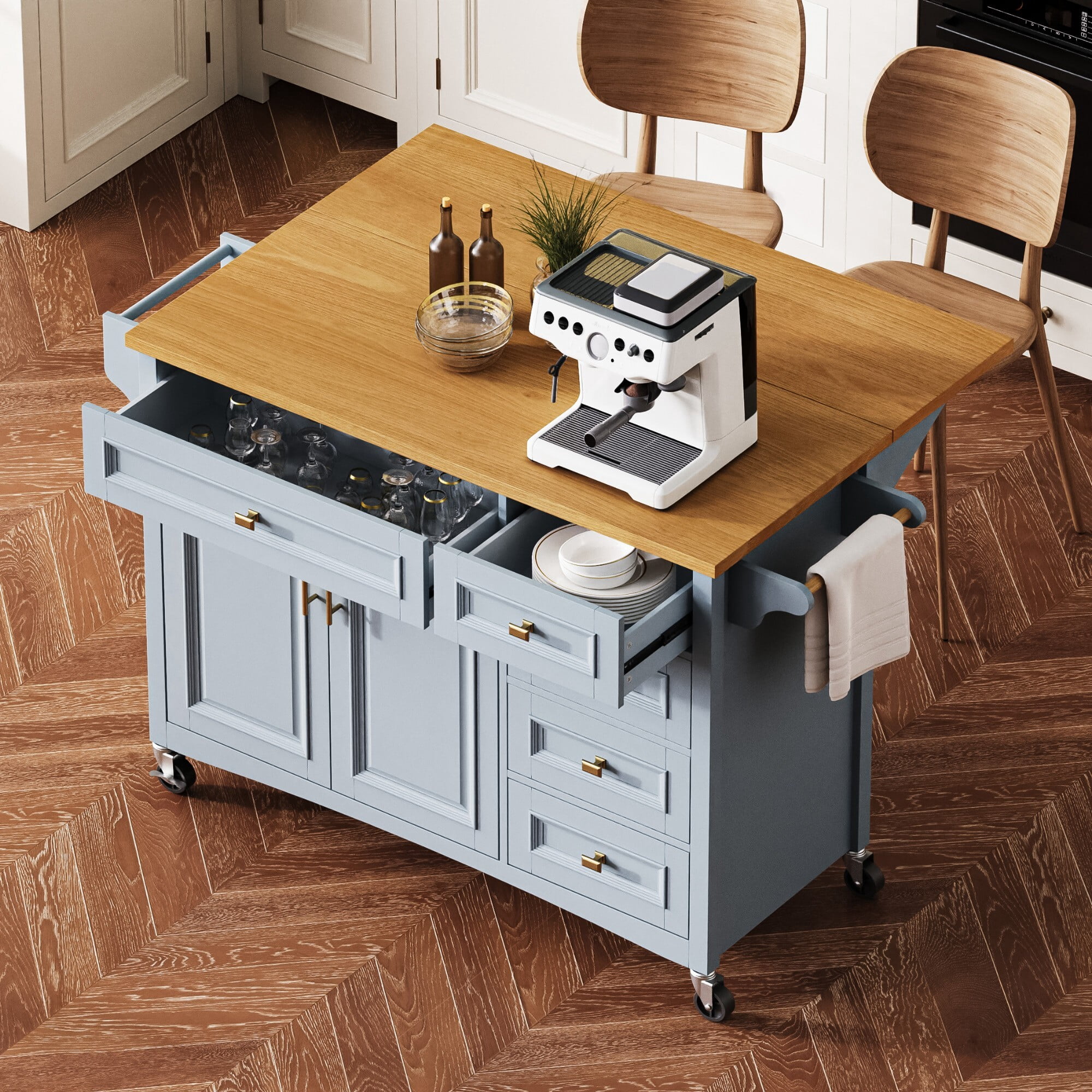 DEALTOPS 52" Mobile Kitchen Island with Drop Leaf, Rolling Storage Cabinet Cart with 5 Drawers, Blue Grey